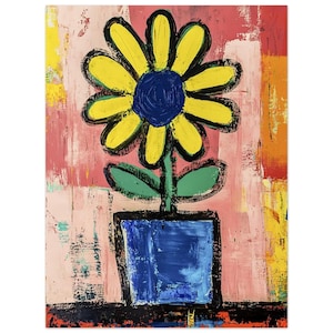 Stampa artistica retrò di fiori gialli – Grande floreale in vaso blu con sfondo colorato – Poster classico di carta semi-lucida per decorazioni da parete