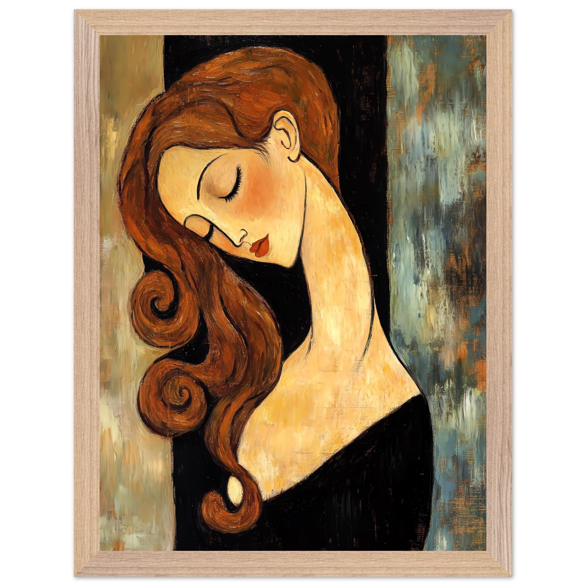 Modigliani Style Woman Portrait Print: Auburn Hair, Wooden Frame