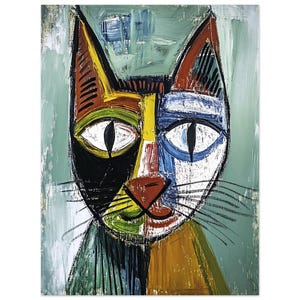 Stampa artistica astratta di un gatto colorato – opera d'arte felina unica su carta semi-lucida di alta qualità