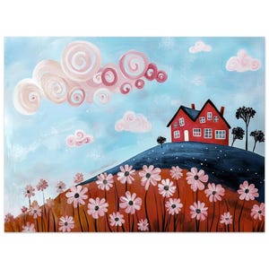 Póster de papel semibrillante de primera calidad con impresión de casa roja de arte naif: colina con flores, árboles negros y nubes de color rosa y azul