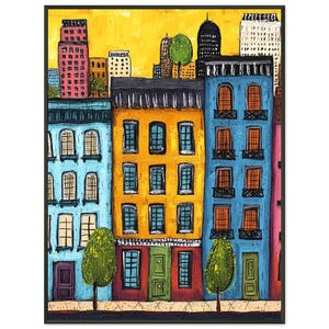 Whimsical New York City Framed Art Print: Colorful Naive Houses Decor