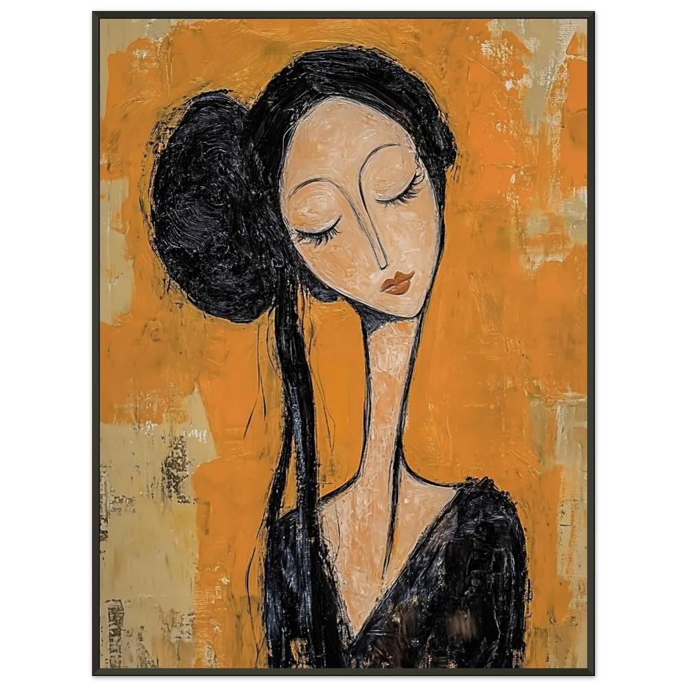 Modigliani Style Portrait: Vintage Orange Background, Black Metal