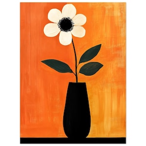 Póster de papel semibrillante clásico con diseño de jarrón negro minimalista: flor blanca con hojas de color verde oscuro sobre fondo rojo anaranjado