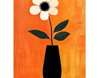 Minimalist Black Vase Art Print - White Flower with Dark Green Leaves on Orange-Red Background Classic Semi-Glossy Paper Poster
