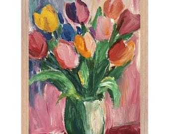 緑の花瓶に入ったチューリップの額入りポスター – 鮮やかな花の絵画