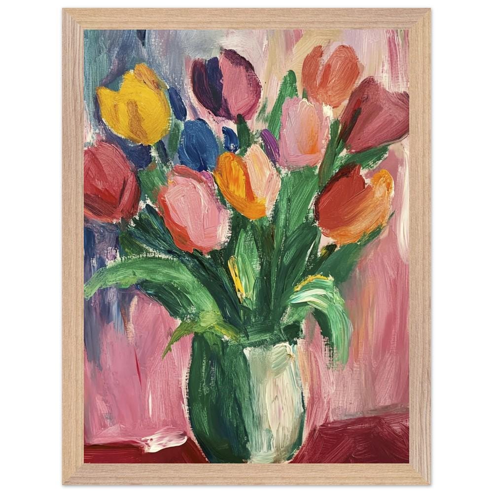 緑の花瓶に入ったチューリップの額入りポスター – 鮮やかな花の絵画