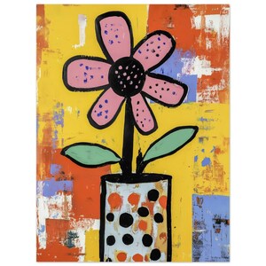 Póster de papel semibrillante clásico con estampado artístico de flores retro en rosa y negro: jarrón decorado con fondo colorido