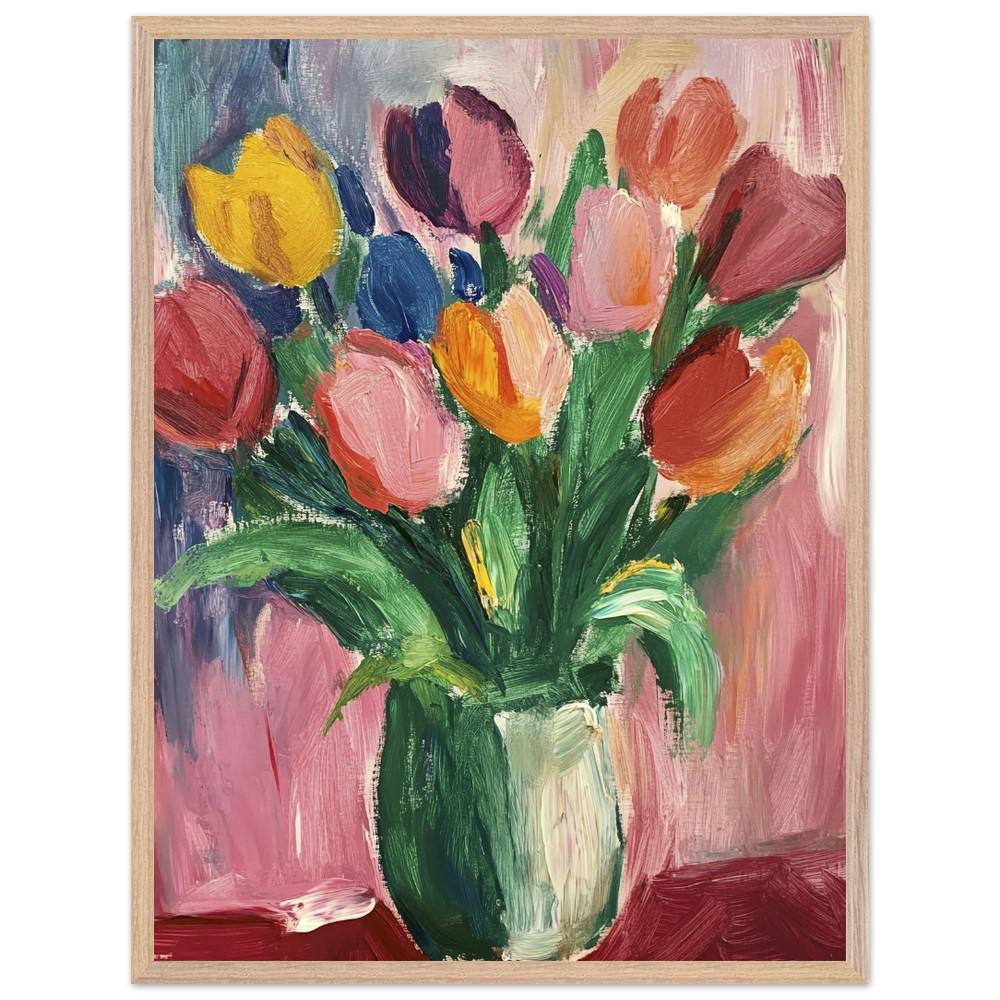 緑の花瓶に入ったチューリップの額入りポスター – 鮮やかな花の絵画