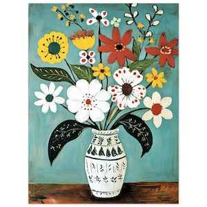 Impresión artística de flores en jarrón blanco: ramo colorido con fondo verde y marrón, póster de papel mate clásico de estilo retro