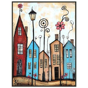 Skurriles gerahmtes Poster hoher bunter Häuser - charmanter Kunstdruck für Ihre Wohndekoration
