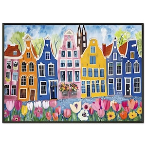 Amsterdam Häuser Kunstdruck, bunte naive Malerei, schwarzer Metallrahmen