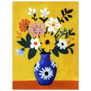 Impresión artística de jarrón azul abstracto: ramo de flores de colores con fondo amarillo y rojo Póster clásico de papel mate