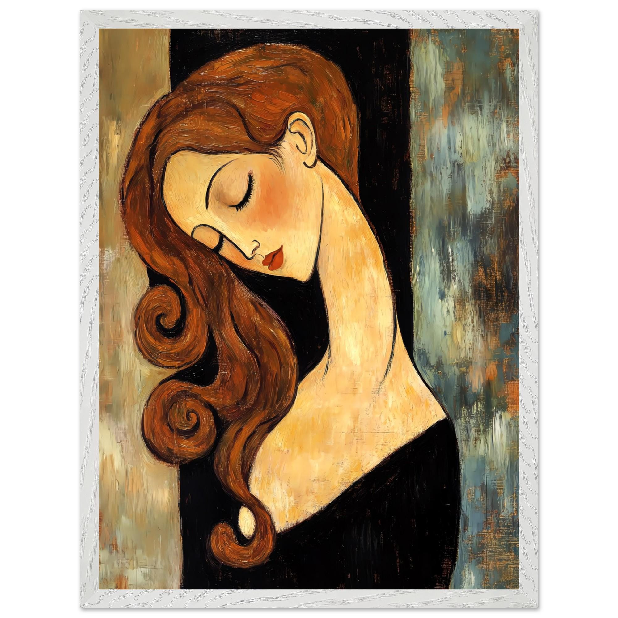 Modigliani Style Woman Portrait Print: Auburn Hair, Wooden Frame
