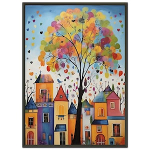 Dipinto di arte naif colorata - Case stravaganti e albero colorato, pezzo unico originale, classico, carta semi-lucida, poster con cornice in metallo