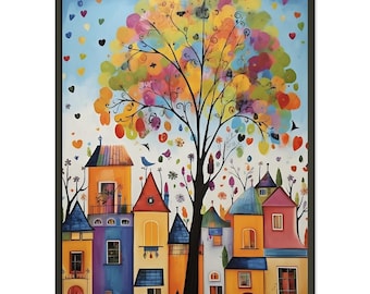 Colorful Naive Art Painting - Whimsical Houses and Colorful Tree One-of-a-Kind OriginalClassic Semi-Glossy Paper Metal Framed Poster