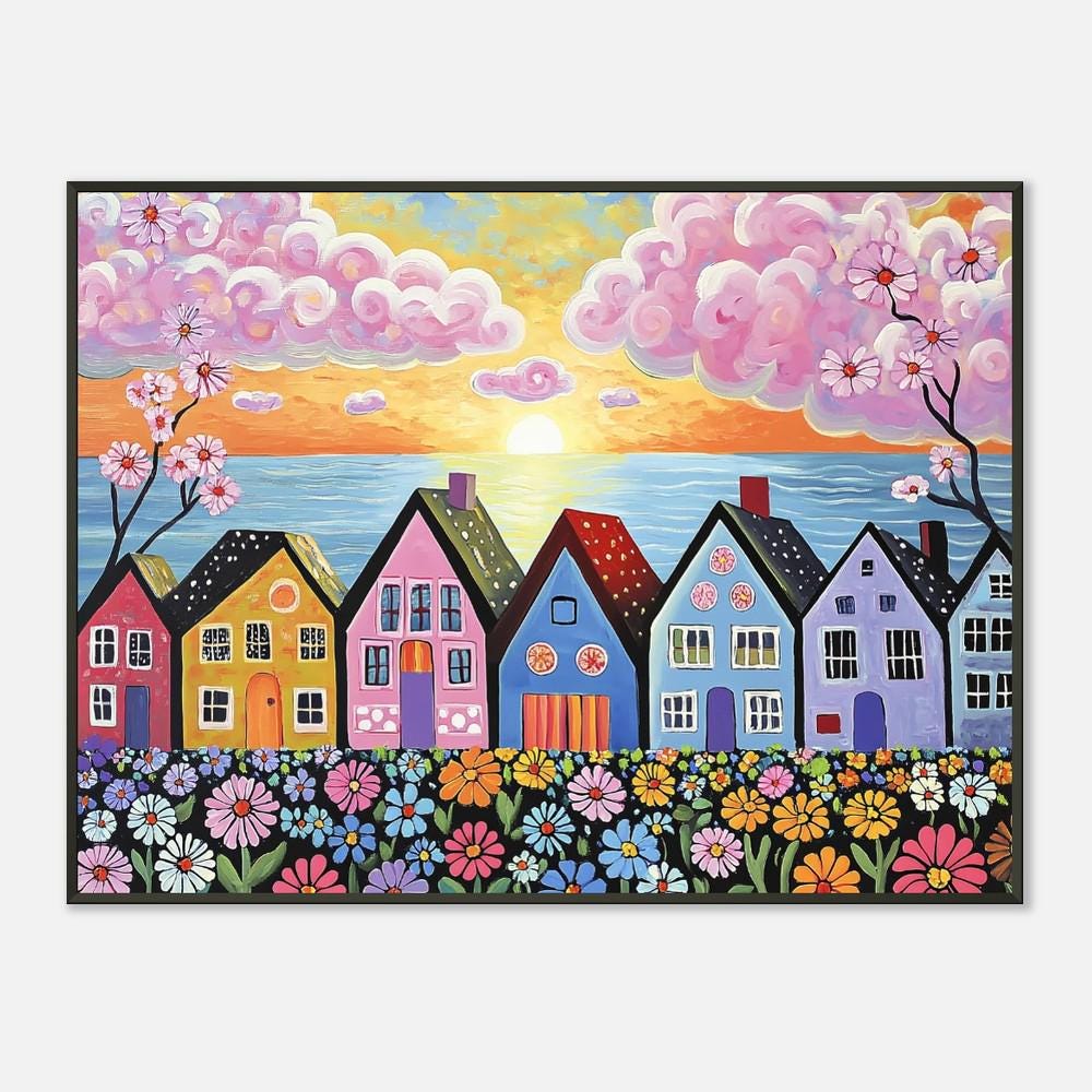 Whimsical Naïve Art Print: Colorful Seaside Houses, Pink Clouds