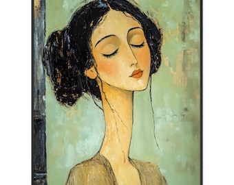 Elegant Framed Art Poster - Woman with Long Neck - Green Background - Modern Wall Decor