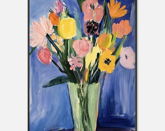 抽象的な花の絵画：緑の花瓶に生けられた色とりどりの花、黒い金属
