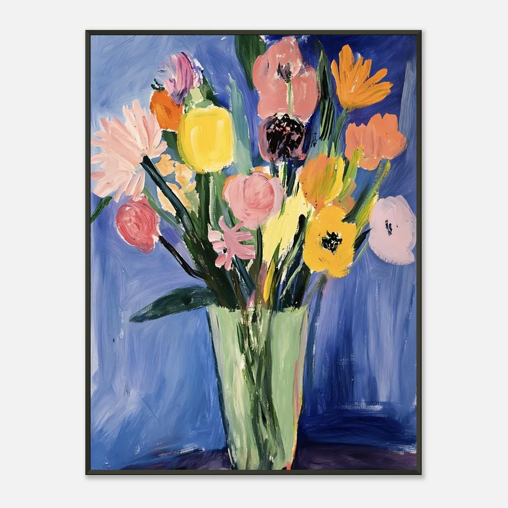 抽象的な花の絵画：緑の花瓶に生けられた色とりどりの花、黒い金属
