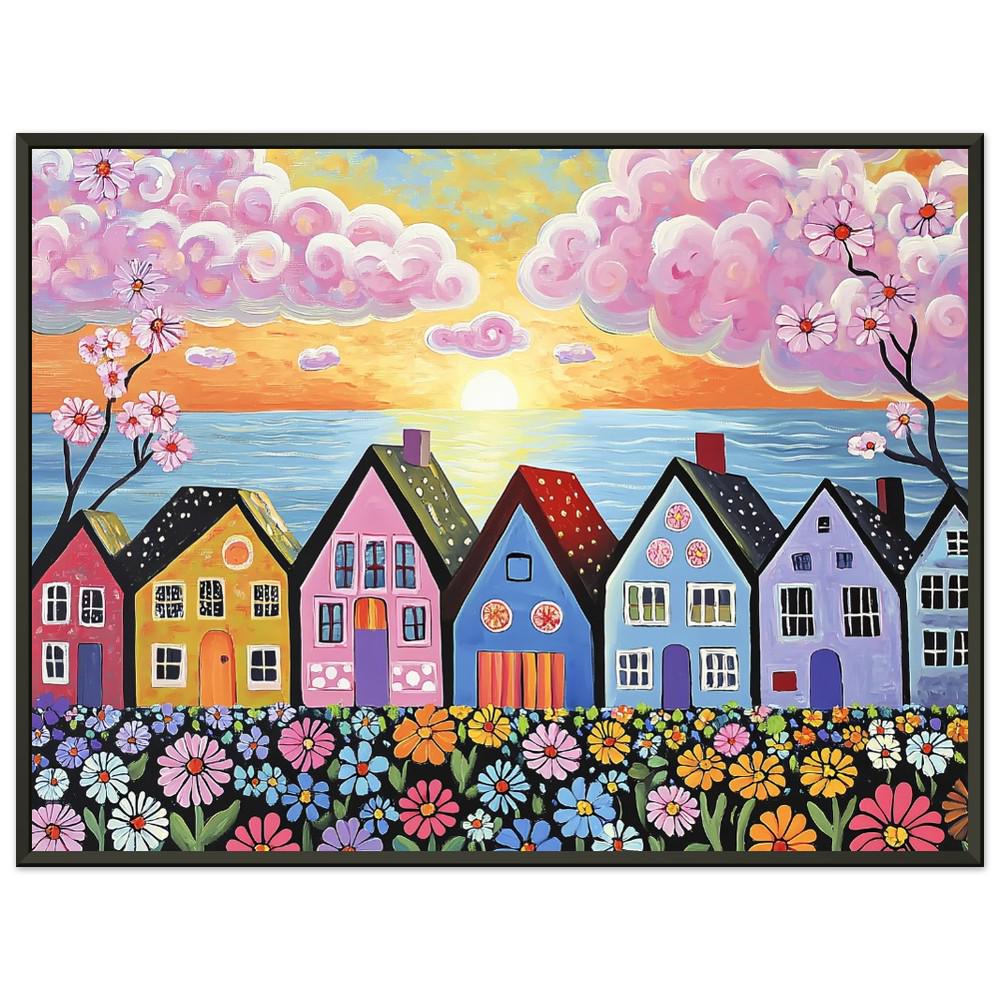 Whimsical Naïve Art Print: Colorful Seaside Houses, Pink Clouds