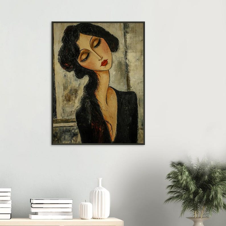 Póster enmarcado inspirado en Modigliani de una mujer vestida de negro - Impresión artística vintage imagen 7