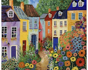 Naive Art Painting of Colorful Terraced Houses in England - Unique Foam Print