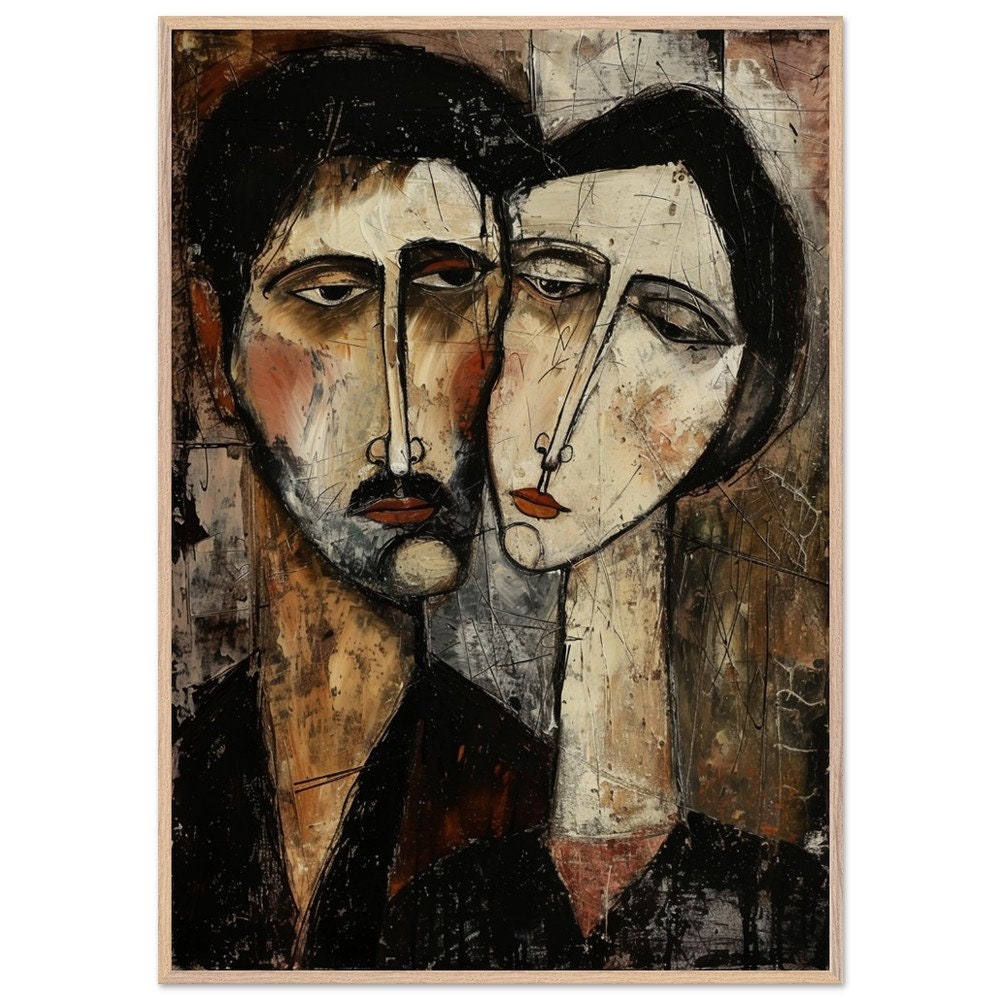 Modigliani アート作品集 Modigliani Style Couple Art Print: Elongated Faces, Framed Poster
