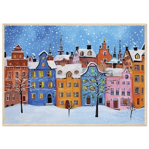 Stoccolma Serenity - Incredibilmente bello dipinto naif della colorata città vecchia, classico poster con cornice in legno su carta semilucida