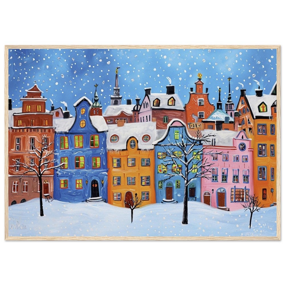 Stockholm Serenity - Incredibly Beautiful Naïve Painting of Colorful Old Town Classic Semi-Glossy Paper Wooden Framed Poster