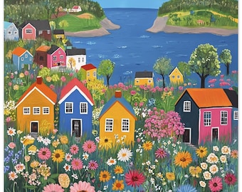 Naive Art Painting of Flowers, Colorful Houses & Sea - Unique Foam Square
