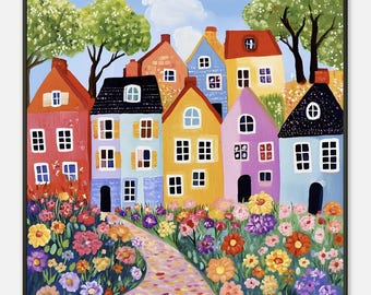 Whimsical Terraced Houses Art Print: Naive Floral Road, Framed