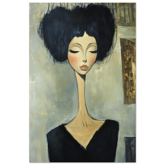 Elegant Abstract Woman Art Print - Black Hair & Green Background - Aluminum DIBOND® Wall Decor