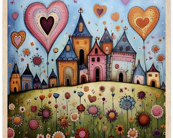 African Whimsical Horizon: Naive Art Painting of Quirky Houses on a Hill, Hearts in the Sky Classic Semi-Glossy Paper Wooden Framed Poster