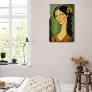 Elegant Long-Necked Beauty: Acrylic Print of Dark-Haired Woman with Floral Accent image 7