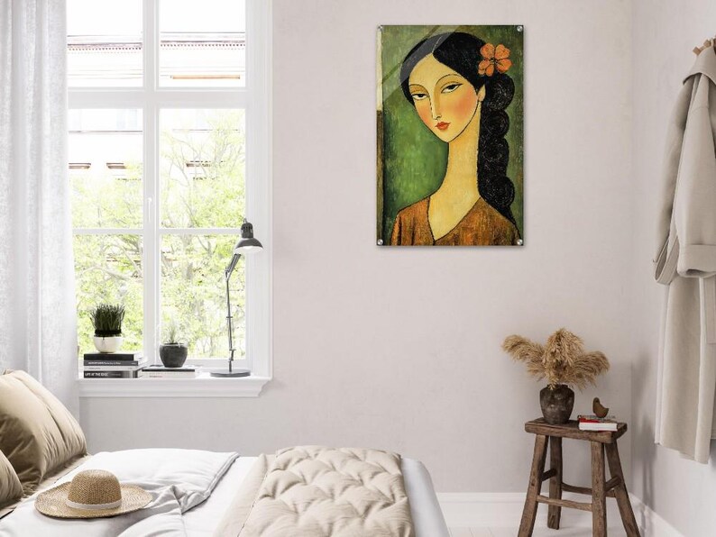 Elegant Long-Necked Beauty: Acrylic Print of Dark-Haired Woman with Floral Accent image 7