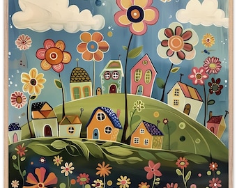 Naive Art Painting Print: Retro Hillside Village, Wooden Framed Poster