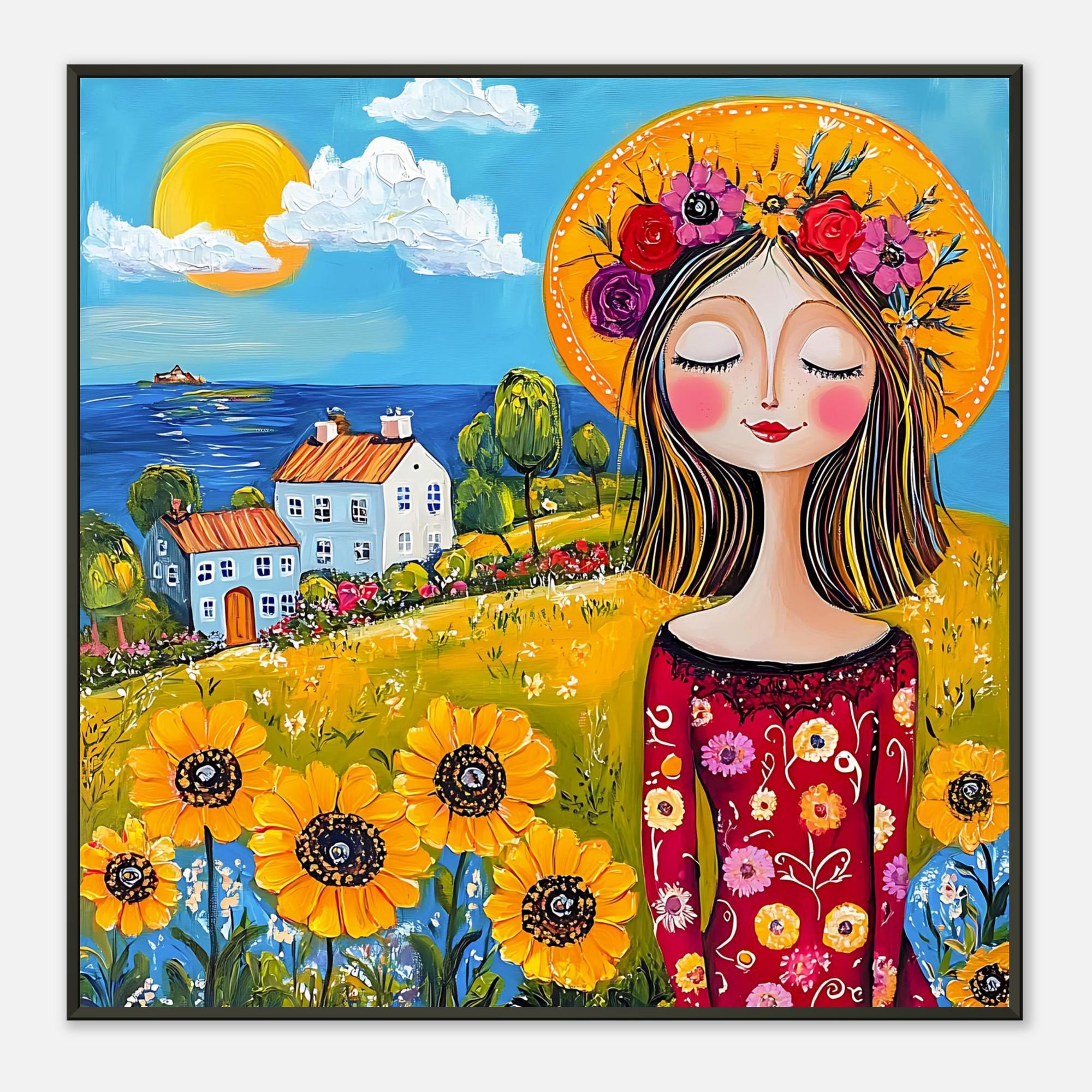 Naive Art Poster - Framed Woman With Heavenly Flowers - Dreamy