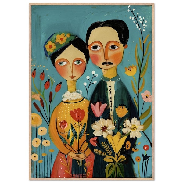 Portrait de couple fantaisiste - Peinture naïve, affiche encadrée en bois de qualité supérieure, papier mat de qualité supérieure