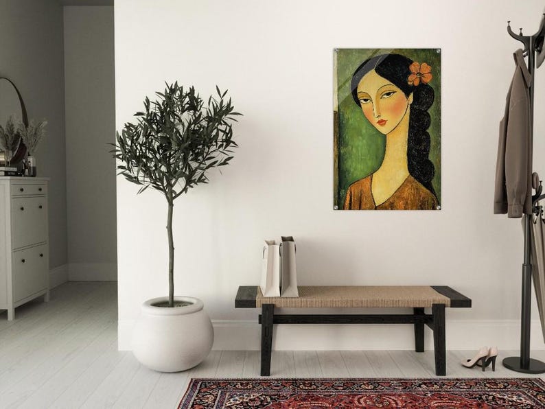 Elegant Long-Necked Beauty: Acrylic Print of Dark-Haired Woman with Floral Accent image 9