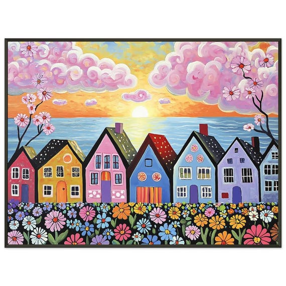 Whimsical Naïve Art Print: Colorful Seaside Houses, Pink Clouds