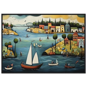 Arcipelago di Stoccolma, dipinto di arte naif - villaggio sul mare - barca a vela - natura - decorazione da parete classica carta semi-lucida poster con cornice in legno