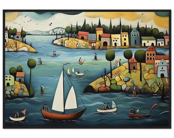 Stockholm Archipelago Naive Art Painting - Seaside Village - Sailboat - Nature - Wall Decor Classic Semi-Glossy Paper Wooden Framed Poster