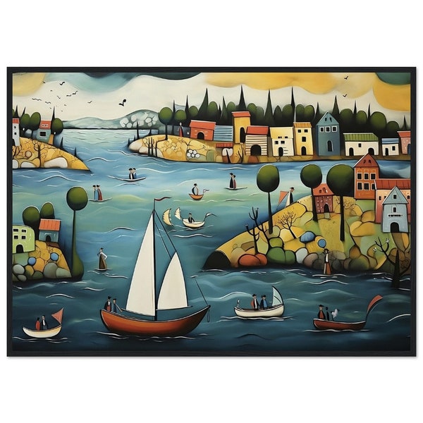 Stockholm Archipelago Naive Art Painting - Seaside Village - Sailboat - Nature - Wall Decor Classic Semi-Glossy Paper Wooden Framed Poster