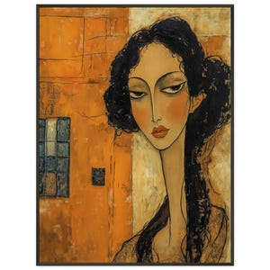 Peut inclure: Une peinture d'une femme aux longs cheveux noirs, portant une chemise blanche. L'arrière-plan est de couleur orange chaud avec une fenêtre.