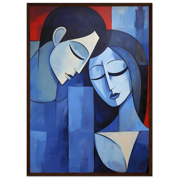 Moderne liefde: Romeo en Julia - hedendaagse kunst geïnspireerd door Picasso's blauwe periode, minimalistisch premium mat papier houten ingelijste poster