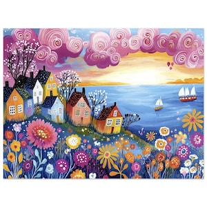 Arte naif Whimsical Houses Art Print - Collina con fiori, mare, barche a vela e alba in Inghilterra Poster classico su carta semi-lucida