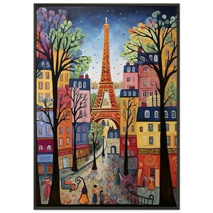 Colorful Naive Art Painting of Paris with the Eiffel Tower - Whimsical Cityscape Classic Semi-Glossy Paper Metal Framed Poster