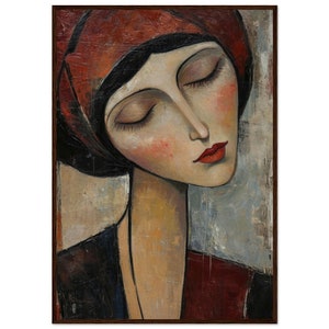 May include: A painting of a woman's face with closed eyes. She is wearing a red headscarf and has a soft, muted color palette. The painting has a vintage, artistic style.