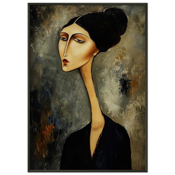 Modigliani Style Woman Portrait: Abstract Art Print, Black Metal