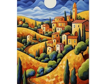 Tuscan Village Moonlight Art Print: Colorful Naive Painting